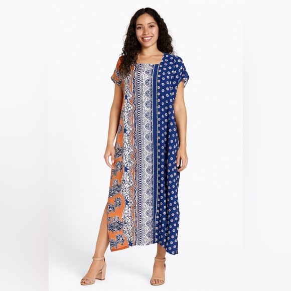 Boho Patchwork Maxi Dress Swim Cover-Up Blue Orange Print - Picture 1 of 4